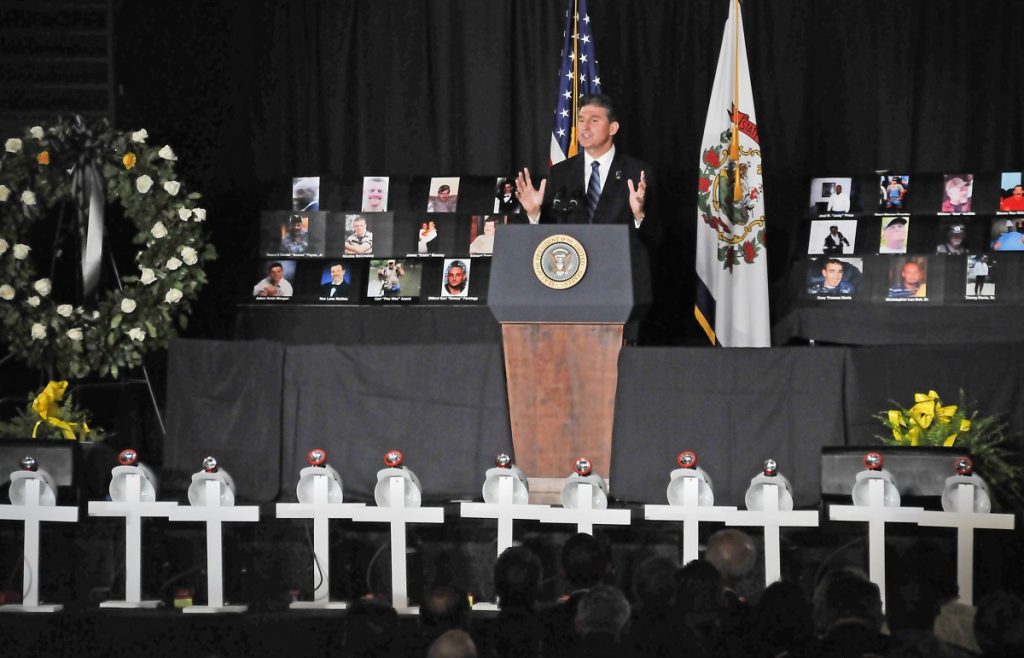Then-Governor Joe Manchin's time in office was marred with some of the worst coal mine disasters in the nation's history. Pictured here, Manchin speaks at a memorial service for the 29 men killed in the Upper Big Branch Mine Disaster of 2010. Photo: Steve Rotsch/Provided
