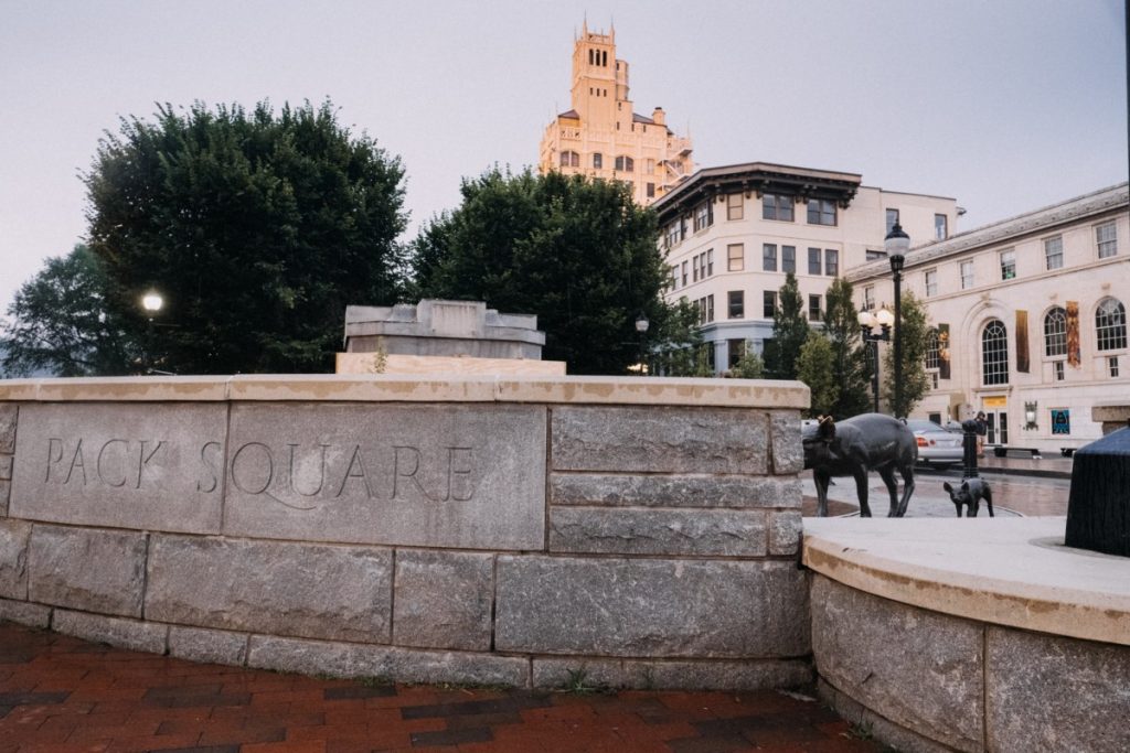 What's left of the Vance Monument can be seen just beyond the Pack Square boundaries in Asheville, North Carolina. Photo: Hunter Rentz/100 Days in Appalachia